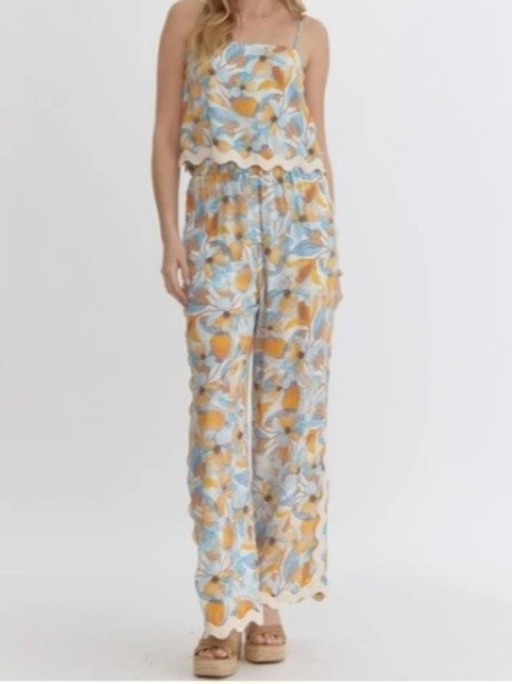 Entro Santorini Sky Floral 2 Piece Set Scallop Wide Leg Pant & Crop Top Medium